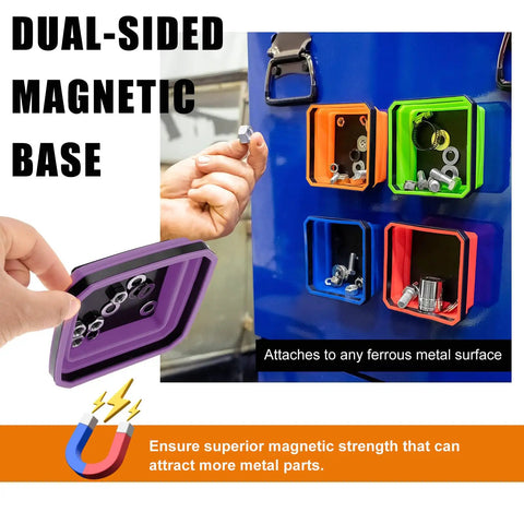Collapsible Magnetic Parts Tray 4.5 Inch Square Silicone Tool Tray With Double Sided Magnetic Base For Screws Nuts Bolts Pins purple in use