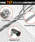 Diagram showing 7x7 strand construction of One Eighth Inch T316 Marine-Grade Stainless Steel Railing Wire Rope Cable, 500 Feet.
