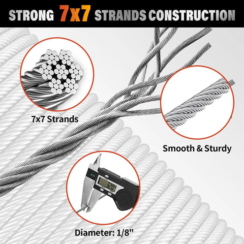 Heavy Duty 200 Foot T316 Stainless Steel Railing Cable One Eighth Inch Marine Grade Wire Rope with 7x7 strand construction.