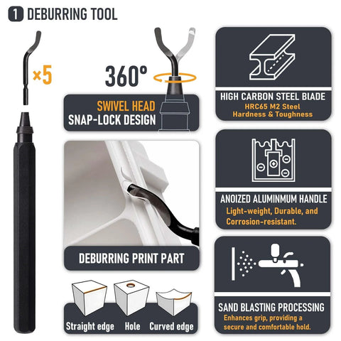 3D printer tools kit with deburring tool; swivel head and anodized aluminum handle (Amazon)