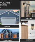 Two Pack Smart Motion Sensor Outdoor Wall Lanterns With Seeded Glass Dusk To Dawn Exterior Porch Lights Aluminum Front Door Garage Lighting UL Listed Auto High Low Modes Manual Override Easy Install showing application on garage, hallway, courtyard, and doorway.