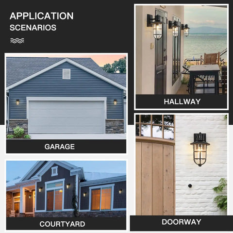 Two Pack Smart Motion Sensor Outdoor Wall Lanterns With Seeded Glass Dusk To Dawn Exterior Porch Lights Aluminum Front Door Garage Lighting UL Listed Auto High Low Modes Manual Override Easy Install showing application on garage, hallway, courtyard, and doorway.