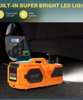 5 Ton Cordless Electric Car Jack Kit with Hydraulic Lift, LCD Touch Screen showing tire pressure preset, built-in LED light in use