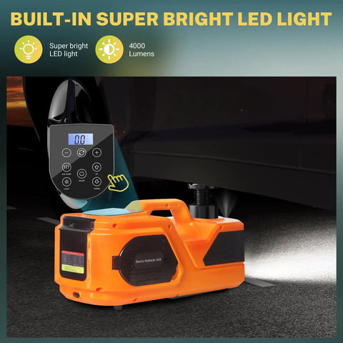 5 Ton Cordless Electric Car Jack Kit with Hydraulic Lift, LCD Touch Screen showing tire pressure preset, built-in LED light in use