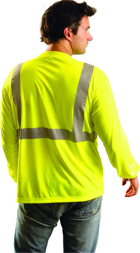Back view of man wearing LST2 FR YM Classic Long Sleeve Occlux T Shirt With Pocket High Visibility Yellow ANSI Class 2, showing reflective tape