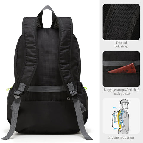 Lightweight Packable Travel Backpack 30L for Men and Women black foldable daypack showing back view and details