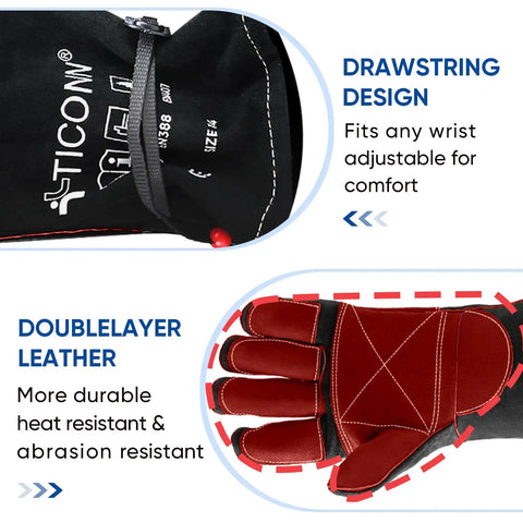 Close-up of 16 Inch Heat Resistant Welding Gloves for Welders, showing black and red double-layer leather and drawstring design.