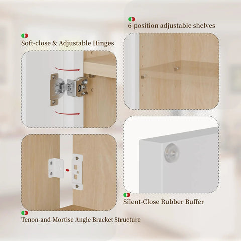 Wall Mounted Laundry Room Cabinet With Doors And Shelves White Shaker Finish Solid Wood RTA Medicine Storage Cabinet 24W 30H 12D Inches Space Saving For Kitchen Bathroom And Garage showing soft-close hinges, adjustable shelves, and structure details.