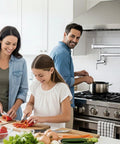 Family cooking with 19 Inch Wall Mount Pot Filler Faucet With Folding Stretchable Swing Arm near stove in stainless steel kitchen