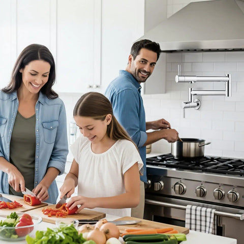 Family cooking with 19 Inch Wall Mount Pot Filler Faucet With Folding Stretchable Swing Arm near stove in stainless steel kitchen