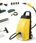 Heavy Duty Steam Cleaner With Massive 3.5 L Water Tank For Deep Cleaning Floors And Tile Grout Oven Window And Car Kitchen High Temp Industrial Strength Machine with attachments and hose on a white background.