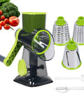 Ultimate Hand Crank Cheese Grater With Three Interchangeable Stainless Steel Drums For Cheese, Vegetables, And Fruits, Stable Suction Base For Easy Rotary Operation, Green Kitchen Must Have Chef Kiss, black green hand grater with 3 drums and suction base