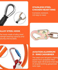 Stainless steel ring and alloy steel hook on Heavy Duty Tree Climbing Rope With Steel Core Flip Line Half Inch Twelve Feet Triple Lock Carabiner Adjuster Steel Swivel Snap Cut Resistant Arborist Gear For Safe Fall Protection.