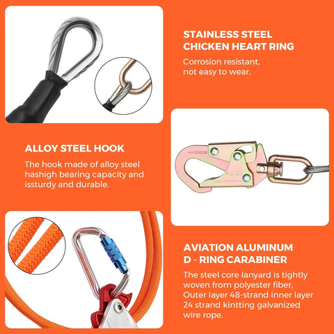 Stainless steel ring and alloy steel hook on Heavy Duty Tree Climbing Rope With Steel Core Flip Line Half Inch Twelve Feet Triple Lock Carabiner Adjuster Steel Swivel Snap Cut Resistant Arborist Gear For Safe Fall Protection.