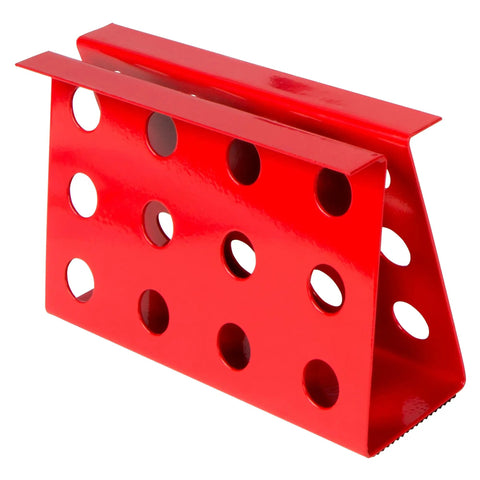 Red metal bracket with perforated holes, part of DIY Ready Laminate And Vinyl Plank Cutter For 8 Inch Boards That Cuts Laminate Up To 8 Wide And 10 Mm Thick And Vinyl Up To 8 Wide And 4 Mm Thick End Piece Cutter With Zinc Plated Steel Blade For Clean Non Splitting Cuts.