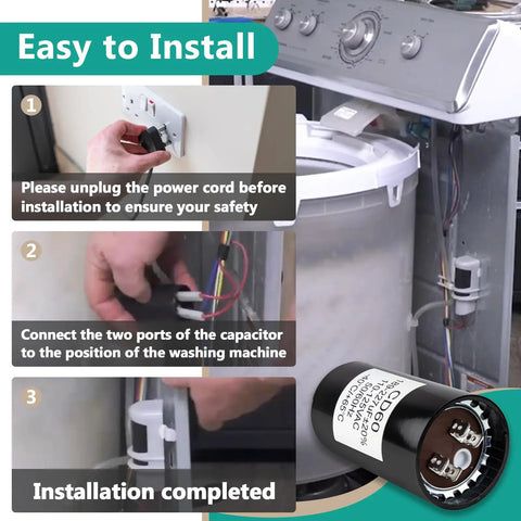 Washer Start Capacitor Replacement Part For Most Top And Front Load Washers Fits 661606 WP8572717 2859 357021 W10244889 3949169 482156 Black Durable Replacement Part For Easy Fix And Long Lasting Performance, black washer start capacitor installed on washer motor