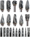 Set of 20 assorted carbide burrs with 1/8 in shank and 3 collets for rotary tools.
