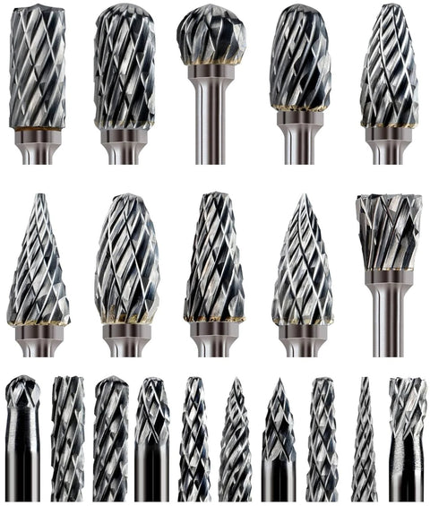 Set of 20 assorted carbide burrs with 1/8 in shank and 3 collets for rotary tools.