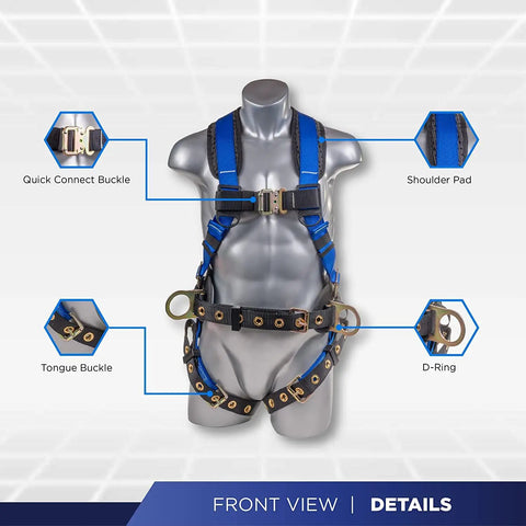 Front view of 5 Point Safety Harness With 6 Foot Lanyard And D Ring Extender Kit For Industrial Roofing PPE in blue with details