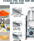 Blue adjustable mandoline slicer and vegetable chopper with 5 blades, thickness adjustable 0–8 mm, front view.
