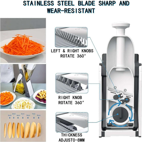 Blue adjustable mandoline slicer and vegetable chopper with 5 blades, thickness adjustable 0–8 mm, front view.