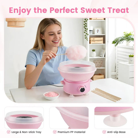 Mini 400W Cotton Candy Maker For Home Use With 10 Reusable Sticks Sugar Scoop Anti Slip Base And Detachable Splatter Guard