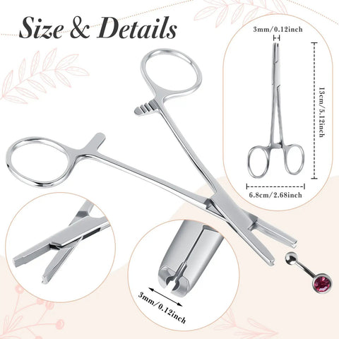 9 Piece Stainless Steel Piercing Tool Kit With Ball Grabber And Clamps, detailed size view, includes 3mm ball screw grabber
