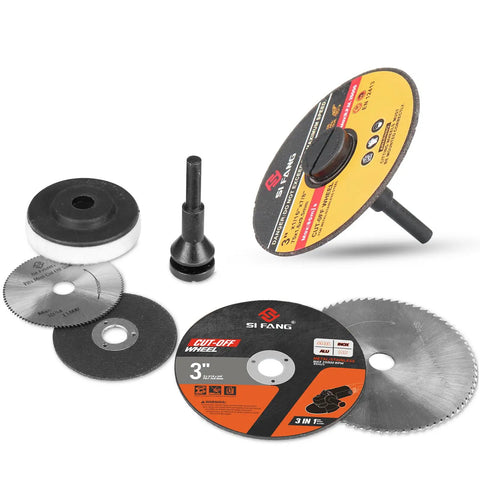 4 Pack Grinding Wheel Adapter Mandrels, 1/4 Inch And 3/8 Inch Thread Heads, Built Tough For Thin Cut Off Discs And Abrasive Wheels, showing various cutting wheels.