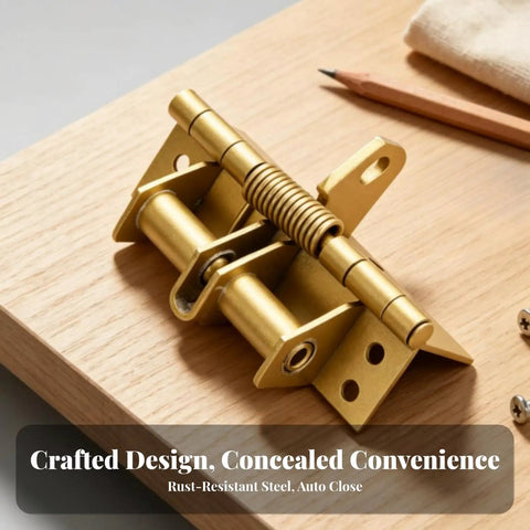 Automatic Concealed Self Closing Door Hinge With Heavy Duty Spring For Solid Wood Entryways in gold finish on wooden surface.