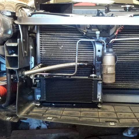 16 Row Transmission Oil Cooler Kit With 6AN And 8AN Adapters Stacked Plate Aluminum Alloy Engine Cooler installed in car