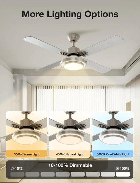 52 Inch Ceiling Fan With Lights Remote Control And Dimmable LED Four Blade Brushed Nickel Motor in living room with color options