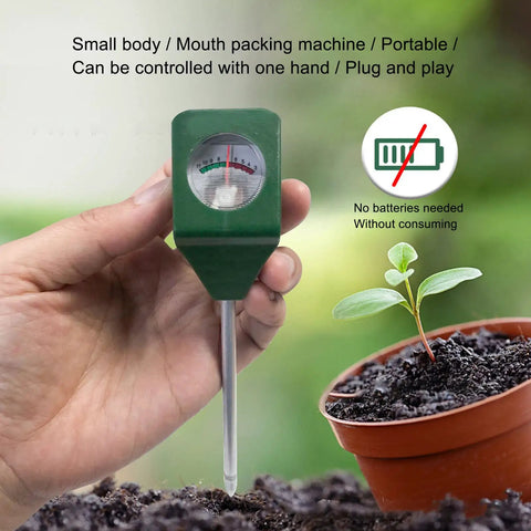 Hand holding a Single Probe Soil PH Meter For Garden And Lawn Care, Battery-Free Portable PH Tester near potted plant in moist soil.