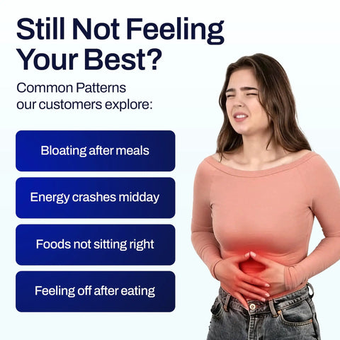 At Home Food Sensitivity Test Kit With 1000 Plus Foods Drinks Vitamins And Gut Health Insights For Adults And Kids Non Invasive Wellness Indicator That Is Easy To Use And Totally Worth It. woman holding stomach