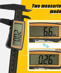 Pro Grade Digital Caliper With Large LCD Screen For Quick Inside Outside Depth And Step Measurements 0 To 6 Inches 150mm Inch Metric Toggle Auto On Auto Off Carbon Fiber Body showing measurements in mm and inches