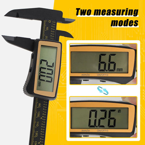 Pro Grade Digital Caliper With Large LCD Screen For Quick Inside Outside Depth And Step Measurements 0 To 6 Inches 150mm Inch Metric Toggle Auto On Auto Off Carbon Fiber Body showing measurements in mm and inches