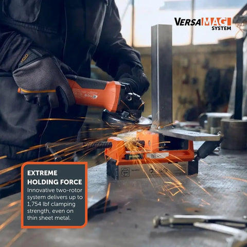 VersaMag Magnetic Vise Set With Two Rotor System holding metal securely during grinding in workshop setting