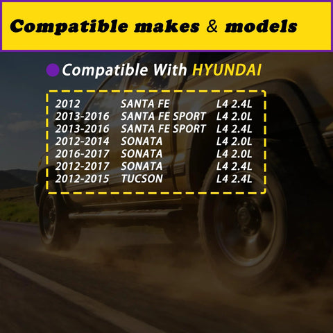 Compatibility chart for Hyundai models with 2 Piece Intake And Exhaust VVT Solenoid Set For Hyundai Santa Fe Sonata Tucson And Kia Optima Sorento With 2.0L And 2.4L L4 Engines 2011 To 2017 Replaces 243752G500 243552G500