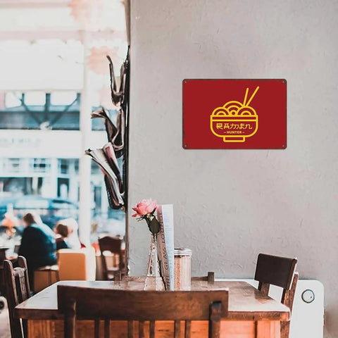 Ramen Hunter Metal Tin Sign Wall Art Dope Vintage Style 8 By 12 Inch Poster on cafe wall above table