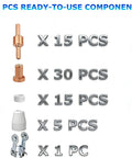 Image showing components of the 66 Piece Plasma Cutter Consumables Kit For PT 31 JG 40 LG 40 Torches, including electrodes, nozzles, and guide.