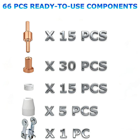 Image showing components of the 66 Piece Plasma Cutter Consumables Kit For PT 31 JG 40 LG 40 Torches, including electrodes, nozzles, and guide.