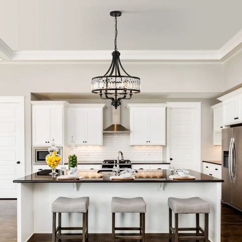 Modern Black Crystal Chandelier With 5 Lights, Farmhouse Style Dining Room Fixture in a stylish kitchen setting.
