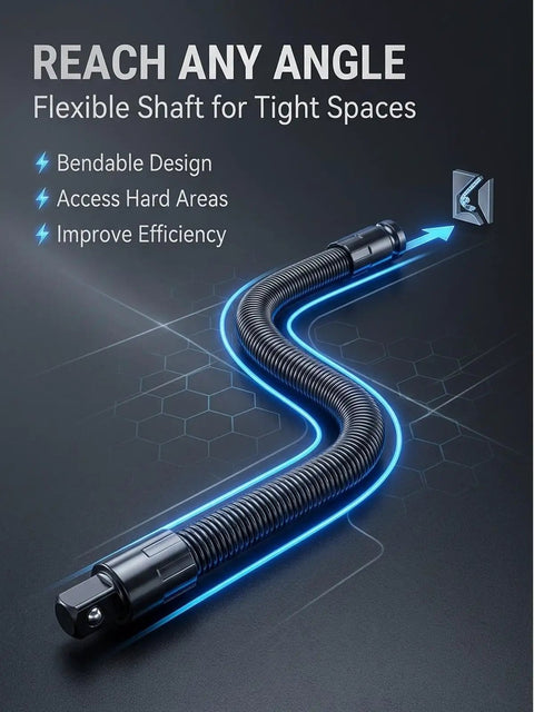 Half Inch Flexible Shaft Extension Kit for Tight Spots That Grabs Hard to Reach Areas shown in bendable torque wrench design