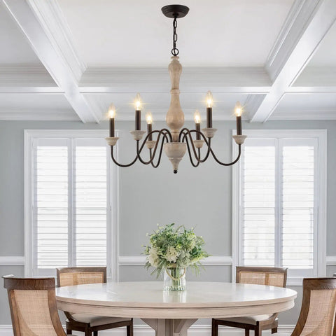 French Country Farmhouse Chandelier Pendant Light Fixture For Kitchen Island Dining Room Living Room Foyer Entryway UL Listed Rustic Wood And Iron Finish With 6 S Shaped Arms For Cozy Farmhouse Vibe over dining table, showcasing rustic ambiance.