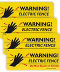 Four Pack Electric Fence Warning Signs Heavy Duty High Density Plastic Rock Solid Outdoor Yard Perimeter Security Panels Weather Resistant 10 By 3 5 Inches Legit Tough And Reliable in bright yellow with hand graphic and warning text.