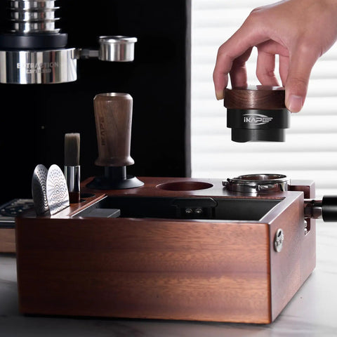 Eight In One Espresso Knock Box And Barista Grade Coffee Accessories Organizer With Natural Walnut Base and 51-58mm tools
