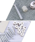DIY Friendly Furniture Fastener Kit With Cam Lock Fittings And Bolt Dowels 24 Piece Set In White Iron And Nylon, top view.
