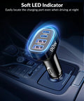 Top Tier Ninety Watt USB C Car Charger With Four Hella Fast Ports visible in car console with LED indicator.
