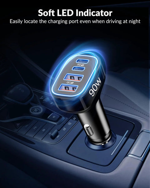 Top Tier Ninety Watt USB C Car Charger With Four Hella Fast Ports visible in car console with LED indicator.