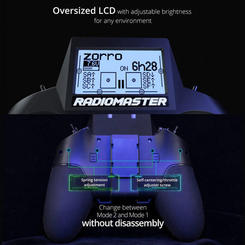 Dope Hall Handle FPV Remote Control For Drones 2.4GHz 16CH Transmitter with LCD screen and mode switch display.