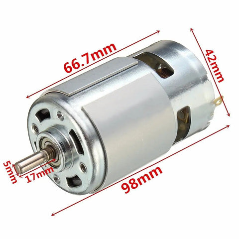 Beefy Torque 775 DC Motor For Electric Tools 12V 24V 36V, 3500 To 9000 RPM, Front Ball Bearing, Copper Jacket, 5mm Shaft, 42mm Body